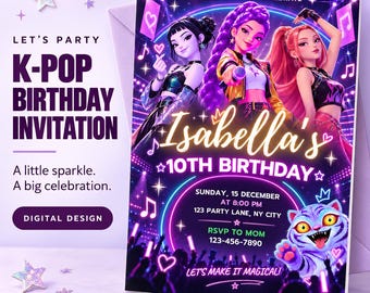 Editable Kpop Birthday Invitation, Anime Theme Party Invite, Purple Neon Kids Birthday, Canva Template, 5x7 Printable