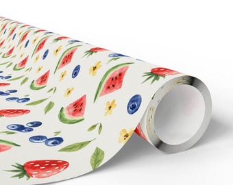 Watercolor Summer Berries Wrapping Paper | Strawberry Watermelon Blueberry Pattern