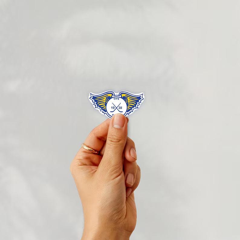 Holding a sticker of fife flyers ice hockey team logo on a white background