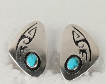 Earrings Clip On Vintage Navajo Sterling Turquoise Elongated Shadowbox Symbols