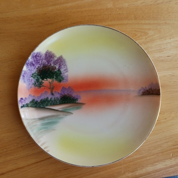 Vintage Stamped Made in Japan Hand Painted Landscape Plate 1950s Gilted Edge 6.5" Gift Wrapping Offered