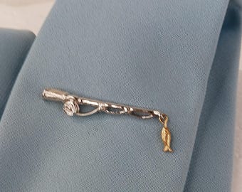 Tie Tack Pin Fly Fishing Rod Reel and Fish Vintage Silver Gold Tone Excellent