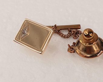 Tie Tack Pin Space Age Star w Small Diamond Crystal Gold Tone Vintage Classic