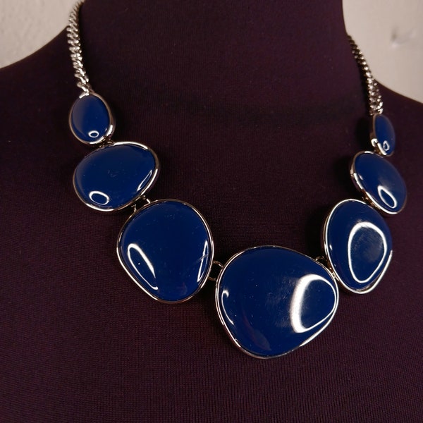 Vintage 80s Modernistic Neo-Plasticism Necklace Blue Silver Gift Wrapping Offered