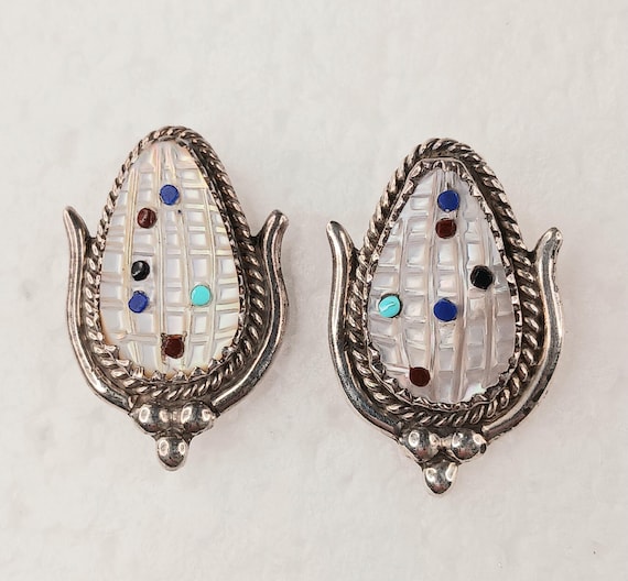 Vintage Zuni Native American Maize (corn) Post Earrings 925 Mother Pearl Signed