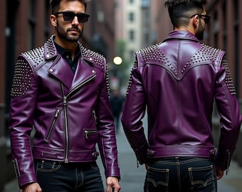 Handmade Purple Studded Cowhide Leather Biker Jacket: Punk Moto Style