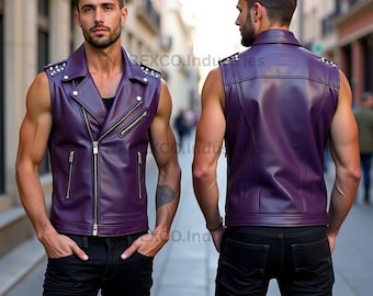 Handmade Purple Leather Biker Vest: Studded Punk Rock Motorcycle Jacket