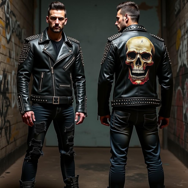 May include: Black leather jacket with silver studs and a skull graphic on the back. The jacket has a zipper closure and a collar.
