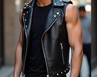 Handmade Studded Black Leather Biker Vest: Punk Rock Motorcycle Jacket