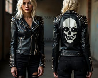 May include: Black leather jacket with silver studs and a white skull design on the back. The jacket has a zipper closure and a collar.