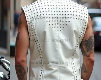 White Cowhide Leather Studded Biker Vest: Punk Rock Sleeveless Jacket