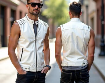 Handmade White Leather Biker Vest: Studded Rocker Moto Jacket