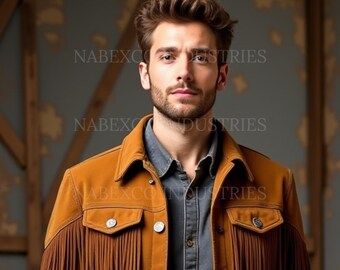 May include: A tan suede jacket with fringe detailing on the sleeves and chest pockets. The jacket has silver buttons and is worn over a gray denim shirt. The text "NABEXCO INDUSTRIES" is visible in the background.