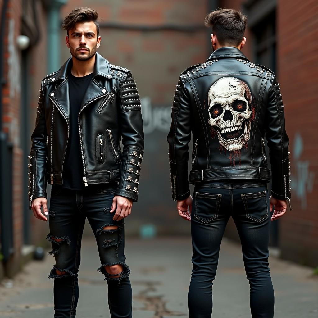 Handmade Men's Black Leather Studded Jacket | Zombie Design