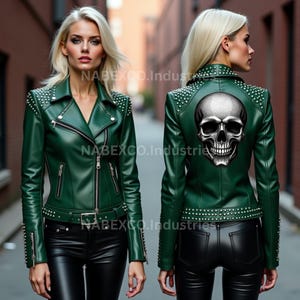 Women&#39;s Green Studded Leather Biker Jacket | Gothic Skull Back Patch | Handmade Punk Rock Moto Coat | Slim Fit Motorcycle Jacket