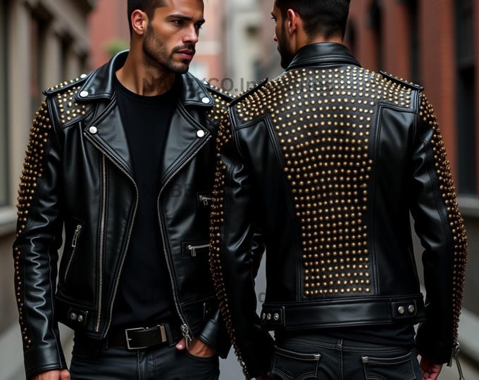 Handmade Black Leather Studded Biker Jacket: Gothic Military Style