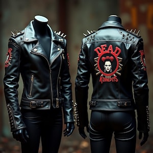 Handmade Studded Leather Biker Jacket: Gothic Bride of Frankenstein Patch