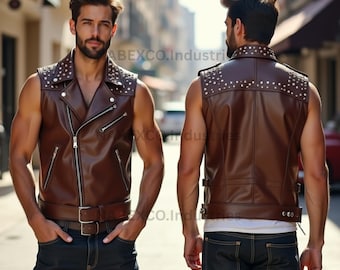 Handmade Brown Leather Studded Biker Vest: Punk Rock Motorcycle Jacket