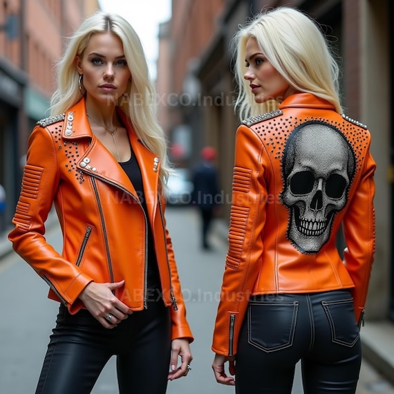 Jaqueta de couro motociclista com caveira laranja feita à mão