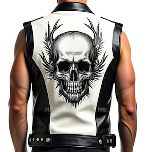 以下が含まれることがあります： 背面にスカルグラフィックが施された、黒と白のレザーベスト。 ベストは、詳細なスカルデザインの白い中央パネルと黒いサイドパネルを備えています。 シルバーのハードウェアが付いたベルトが含まれています。 テキスト「NABEXCO industries」が表示されています。