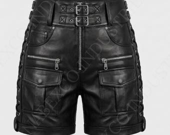Pantalones cortos de cuero negro para mujer, pantalones cortos cargo estilo steampunk góticos de cintura alta con cordones.