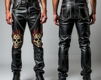Skull Flame Leather Biker Pants | Studded Cowhide Motorcycle Trousers
