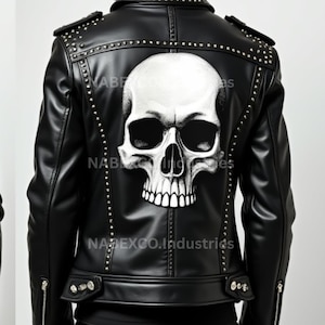 May include: Black leather jacket with silver stud detailing and a large white skull design on the back. The jacket has a classic biker style with a notched collar, zip details, and shoulder epaulettes.