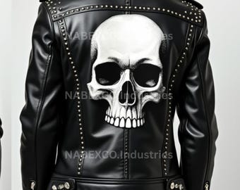 Handmade Black Leather Biker Jacket: Gothic Skull, Studded Punk Rock Style