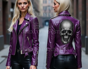 Gothic Skull Studded Purple Leather Biker Jacket – Handmade Moto Style