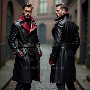 Adult Vempire Handmade Gothic Steampunk geniun cowhide Leather Trench Coat: Black & Red Cosplay Overcoat
