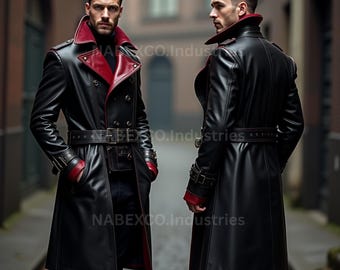 Adult Vempire Handmade Gothic Steampunk geniun cowhide Leather Trench Coat: Black & Red Cosplay Overcoat