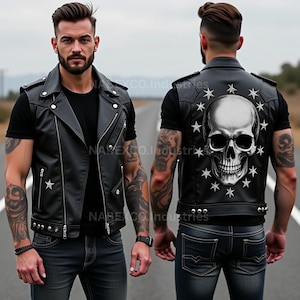 May include: Black leather motorcycle vest featuring a skull and stars design. The vest has a zip fastening and is studded with silver rivets.