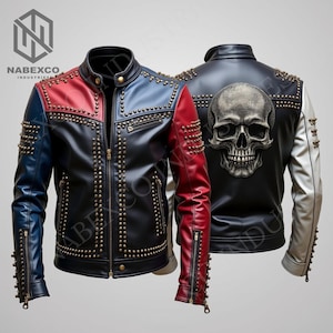May include: A black leather jacket with red, blue, and white panels, embellished with gold studs. The back displays a skull graphic. It has a zip closure and pockets. The brand name "NABEXCO INDUSTRIES" is visible.