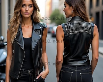 Handmade Studded Cowhide Leather Biker Vest: Sleeveless Moto Jacket