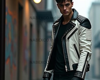 Handmade Two-tone Leather Biker Jacket: Studded Moto Punk