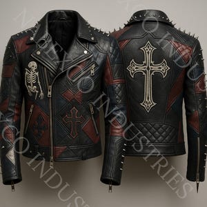 May include: Black leather biker jacket with red and blue panels, studded detailing, and a cross motif on the back. Includes a skeleton patch and multiple zips. A bold, edgy garment.