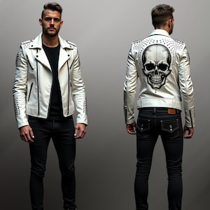 Handmade White Leather Biker Jacket | Skull Embroidered Studded Jacket | Custom Punk Rock Moto Jacket for Men