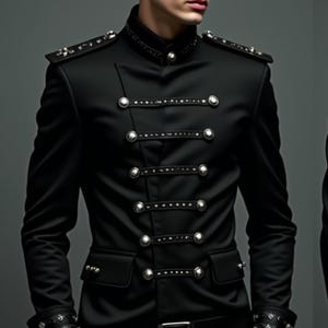 Puede incluir: Chaqueta negra de estilo militar con botones plateados y detalles de tachuelas. La chaqueta presenta un cuello alto y charreteras decorativas. El diseño incluye múltiples filas de botones y correas decorativas, creando un look formal y elegante.