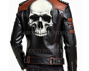 Men's Real Cow Leather Brown Distressed Skull Biker Motorcycle