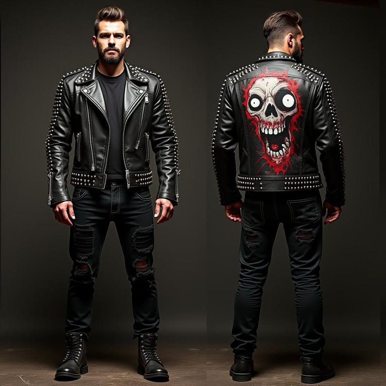 May include: Black leather jacket with silver studs and a skull graphic on the back. The jacket has a zipper closure and a collar.