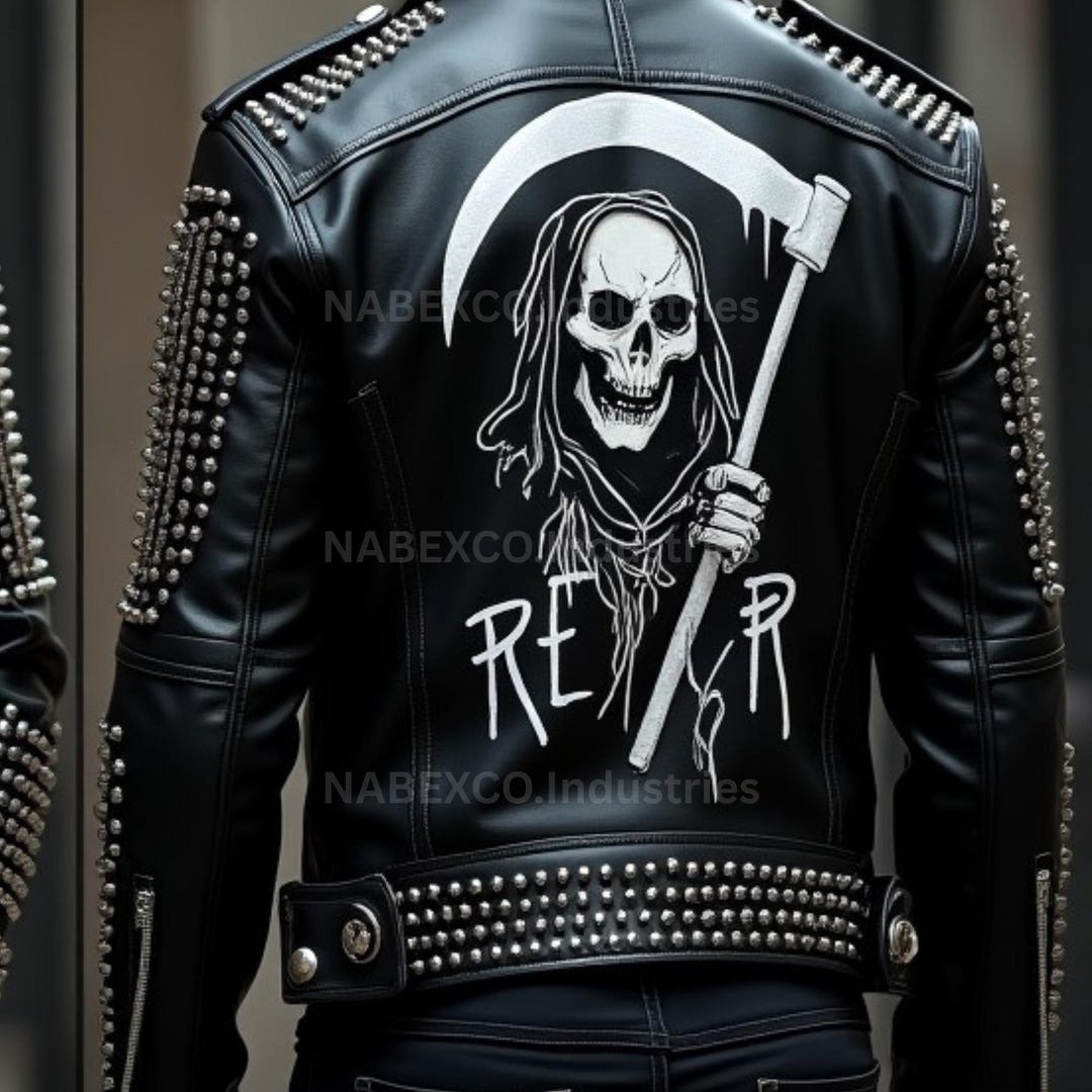 Grim Reaper Studded Leather Biker Jacket: Gothic Punk Rock