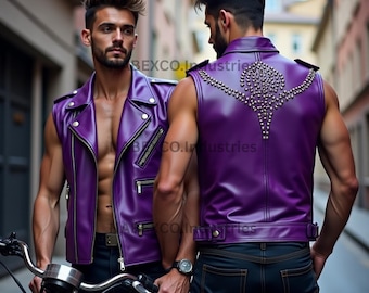 Handmade Men's Purple Cowhide Leather Biker Vest: Studded Sleeveless Motorcycle Jacket