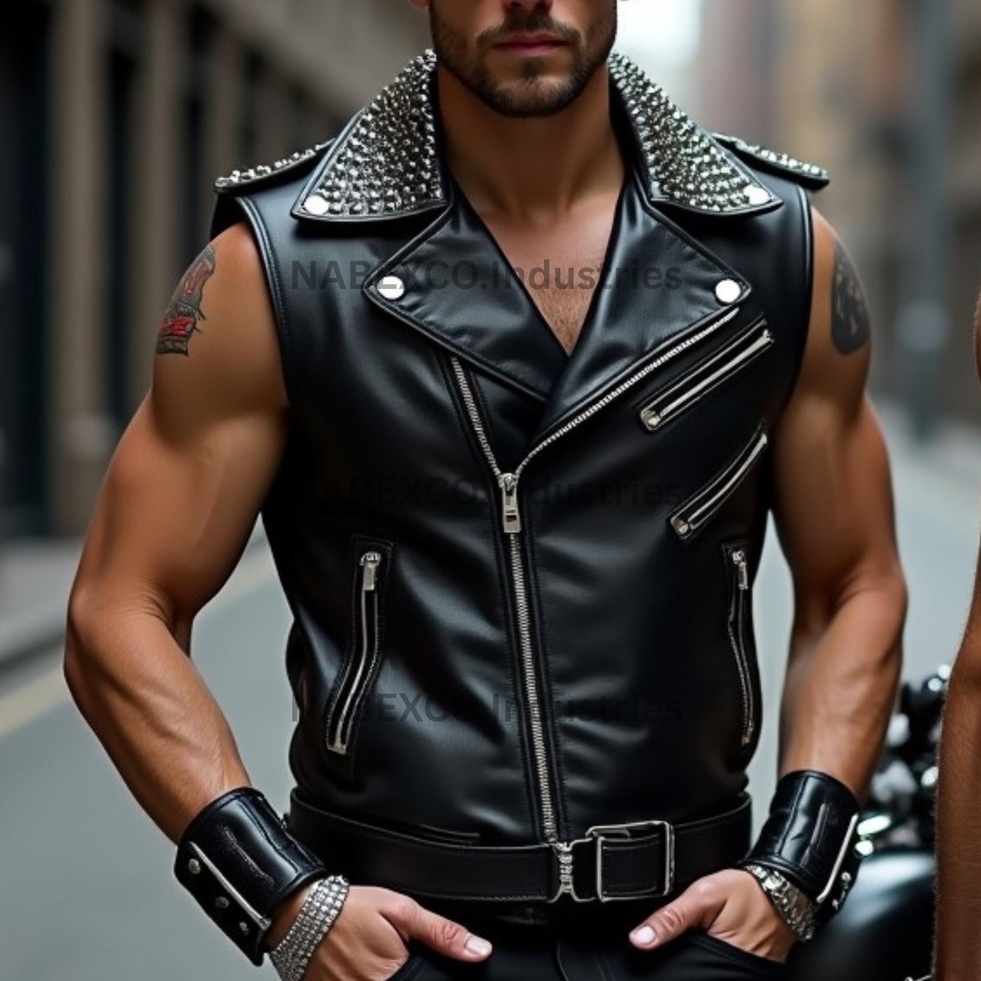 Men's Studded Black Leather Biker Vest: Handmade Punk Rock