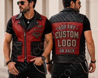 Gilet da motociclista in pelle personalizzato, rosso e nero, con logo personalizzato sul retro, stile biker club, in pelle bovina.