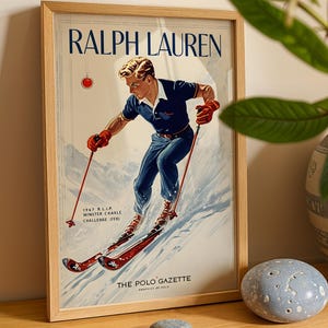 Portada de revista de esquí vintage de Ralph Lauren, arte mural elegante, decoración de oficina, impresión de estilo retro de los años 70, moda, póster de la cueva del hombre