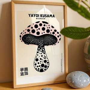 Yayoi Kusama-inspirerat svamptryck, rosa retro Japandi-dekor (digital nedladdning)