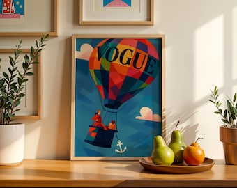 Vintage Vogue Magazine Print, Retro Hot Air Balloon, High Fashion Y2K art, Femme Fatale