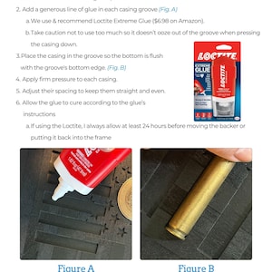 May include: An instructional document titled CASING MOUNTING INSTRUCTIONS featuring a red and white tube of Loctite Extreme Glue, with two photographic figures showing the application of glue into a grooved surface and the placement of a brass casing.