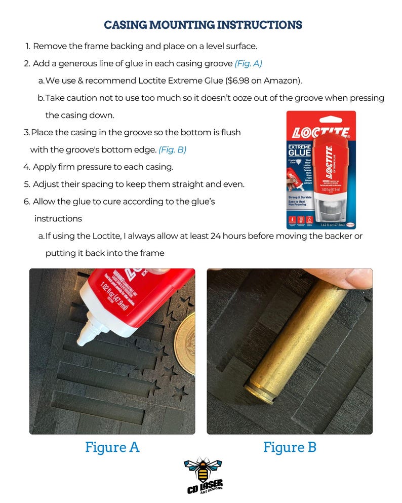 May include: An instructional document titled CASING MOUNTING INSTRUCTIONS featuring a red and white tube of Loctite Extreme Glue, with two photographic figures showing the application of glue into a grooved surface and the placement of a brass casing.