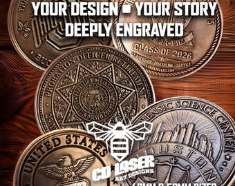 May include: Five circular bronze-toned metal coins featuring various engraved emblems including university logos, military seals, and department badges. Text includes We Love Custom Orders Message Us, Your Design Your Story Deeply Engraved, CD Laser Art Designs, and 40mm & 50mm Sizes.